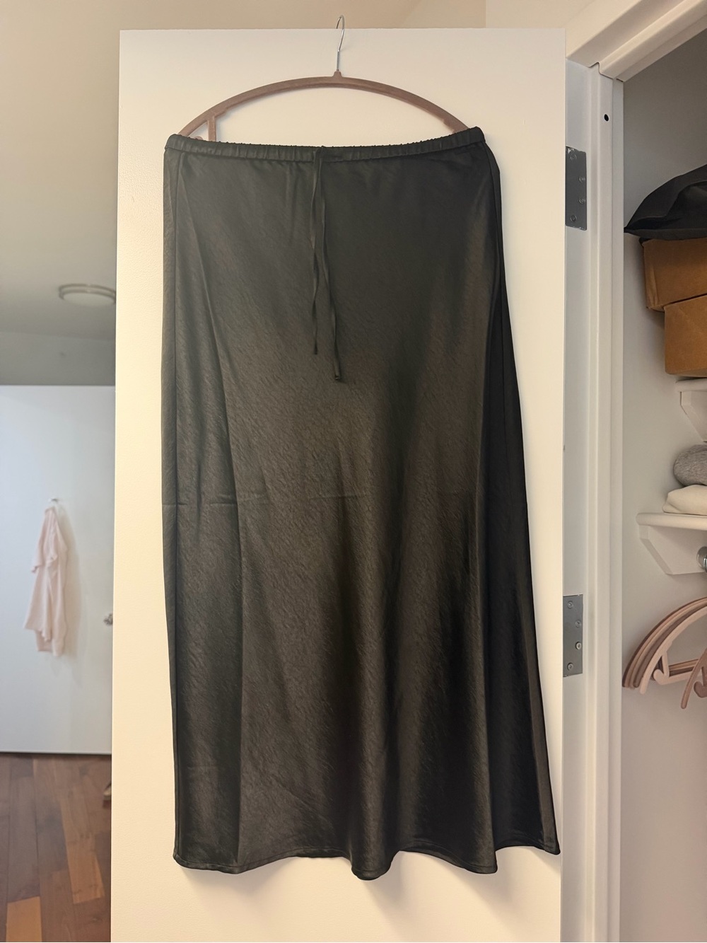 Elegant Black Satin Maxi Skirt with Drawstring Waist